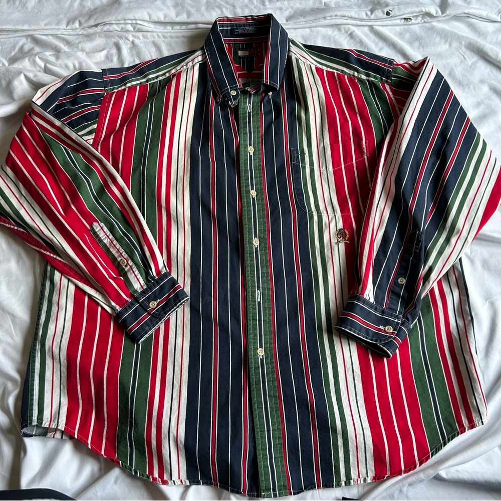 Vintage 90s Tommy Hilfiger Striped Multicolor Men's Long Sleeve Shirt size XL